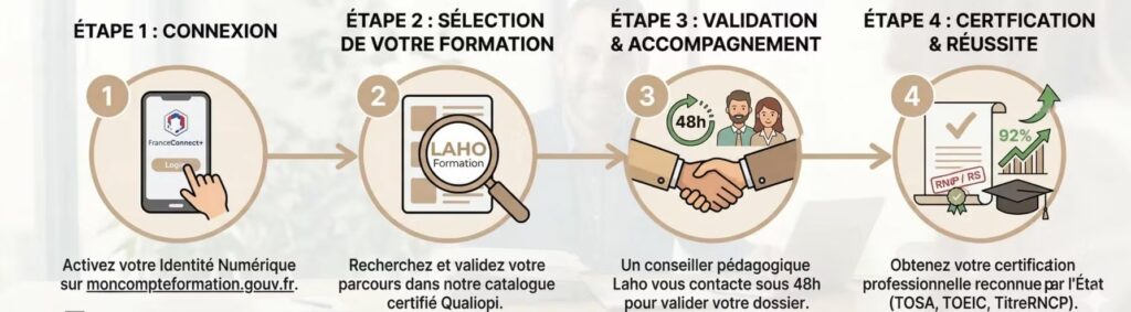 Infographie des 4 étapes pour financer sa formation chez Laho avec le CPF : Connexion, Sélection, Validation et Certification